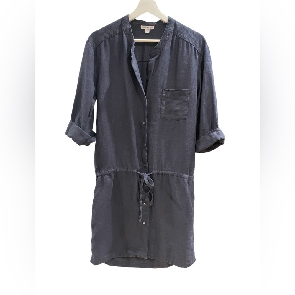 James Perse Navy 100% Linen Long Sleeve Elastic Waist Drawstring Dress